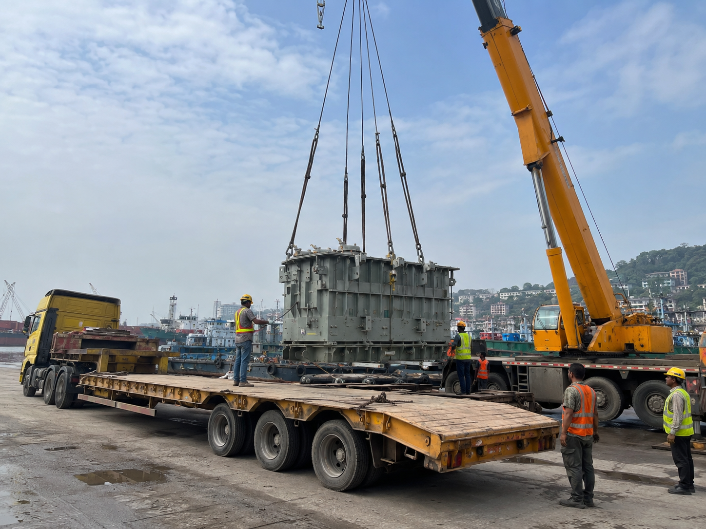 crane দিয়ে heavy equipment unloading